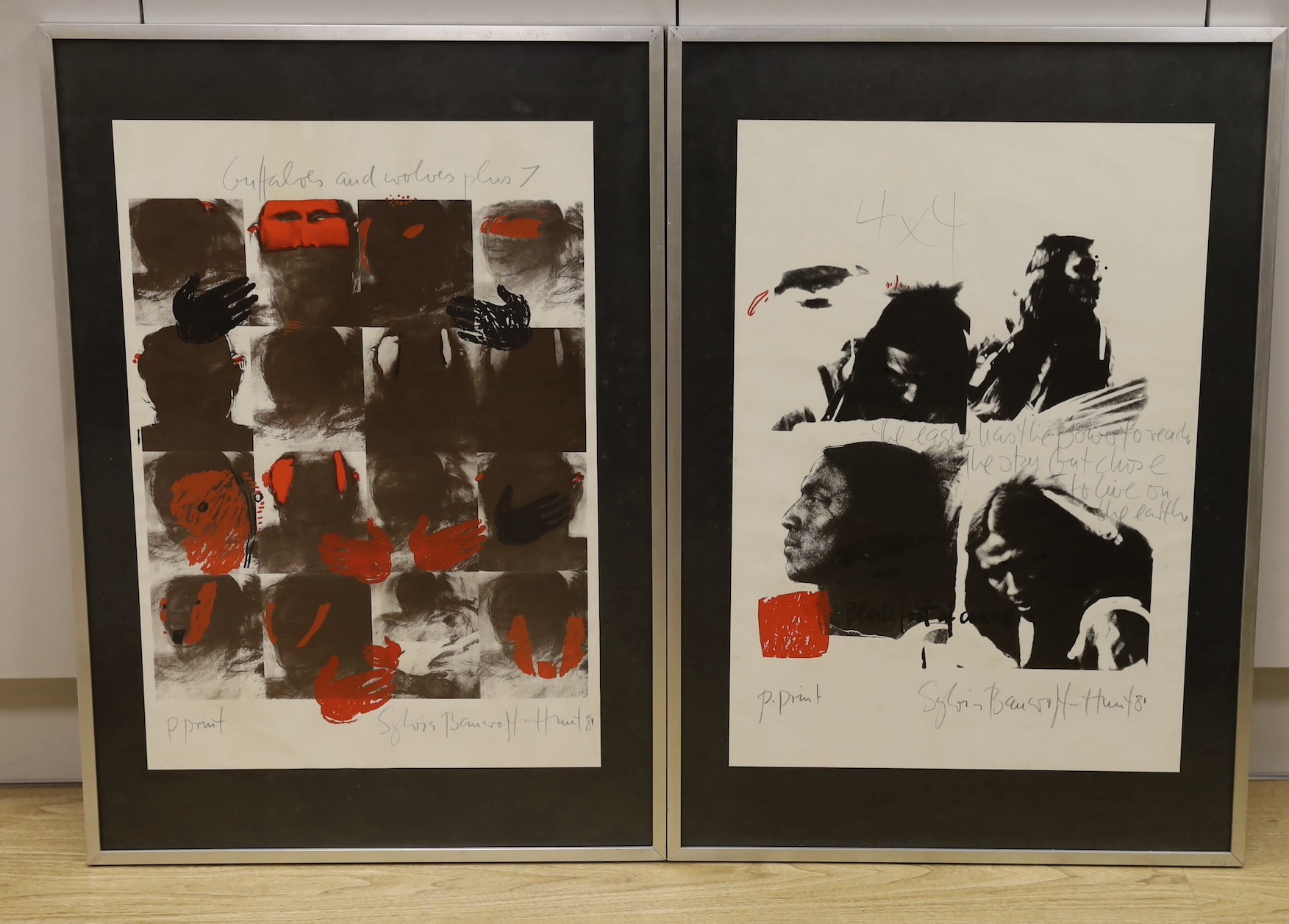 Sylvia Bancroft-Hunt, two photo prints, 'Four by Four' and 'Buffalo's and Wolves', signed and dated '80, 64 x 45cm